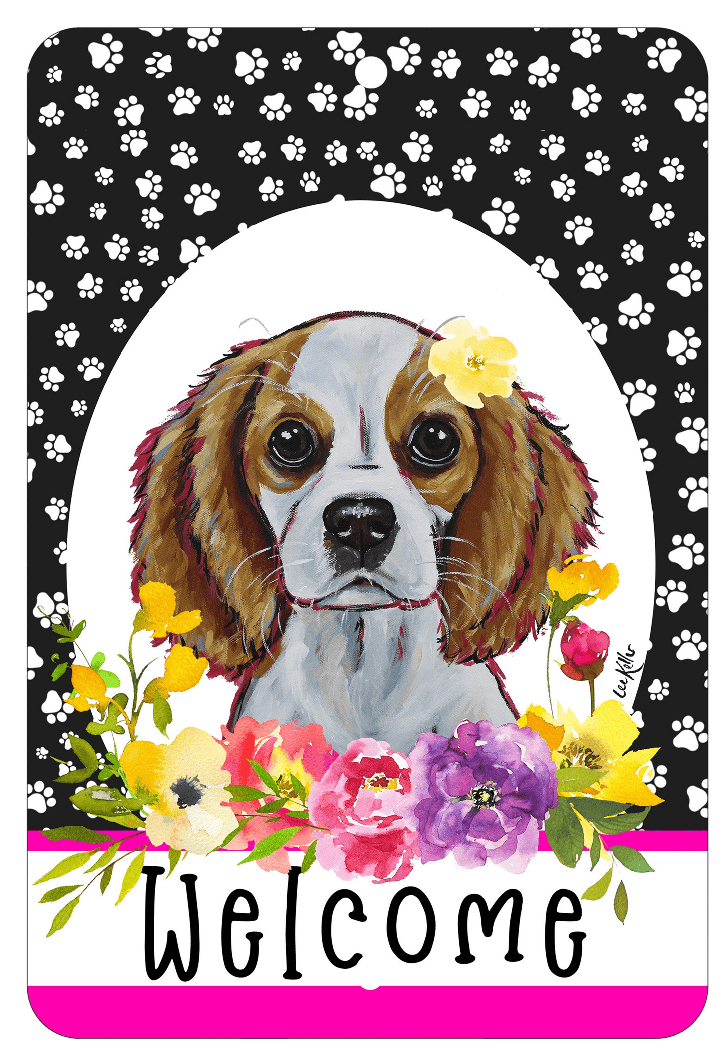 Cavalier King Charles Blenheim Aluminum Paw Prints Welcome Sign