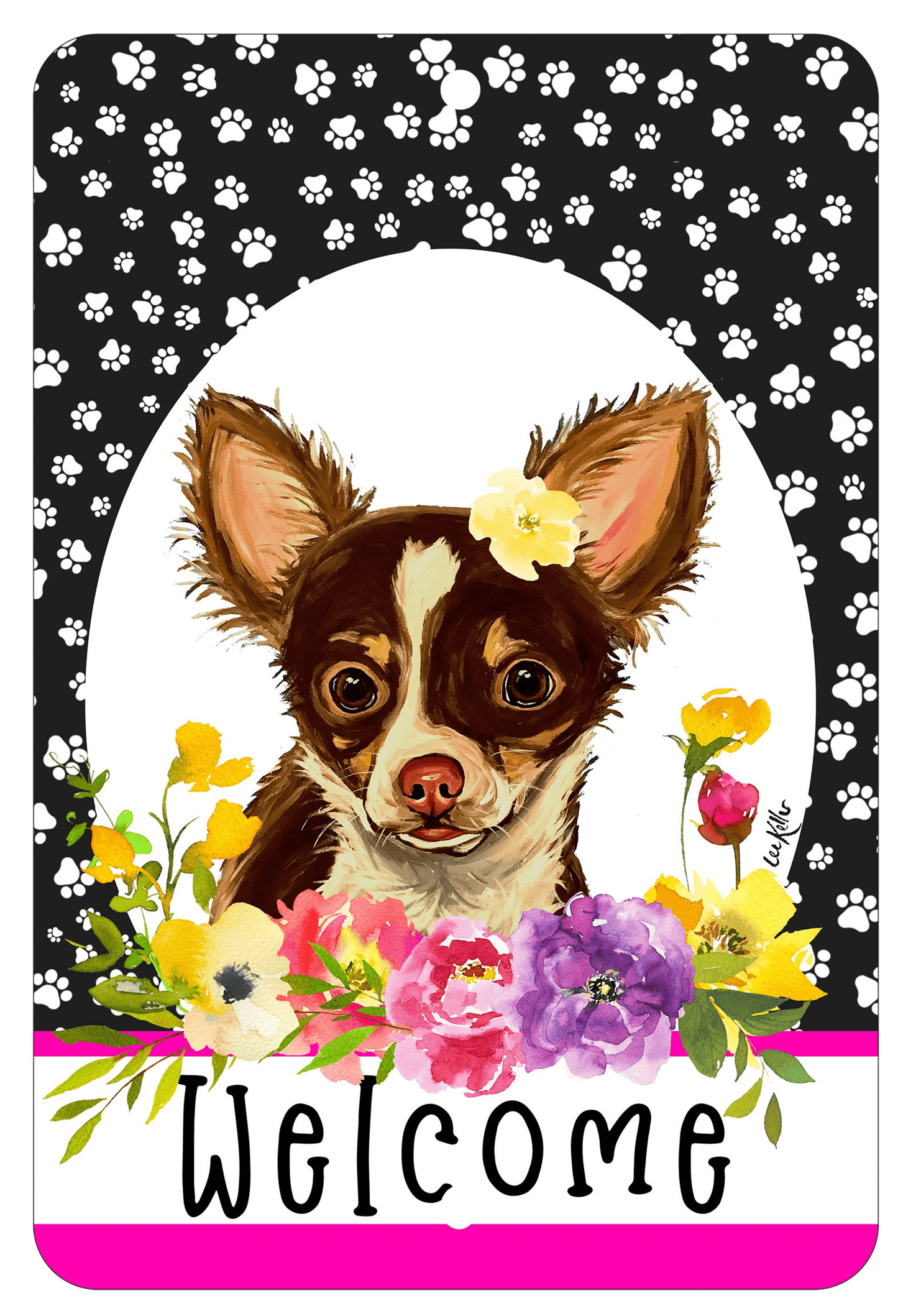 Chihuahua Gizmo - Paw Prints Welcome Indoor/Outdoor Aluminum Sign
