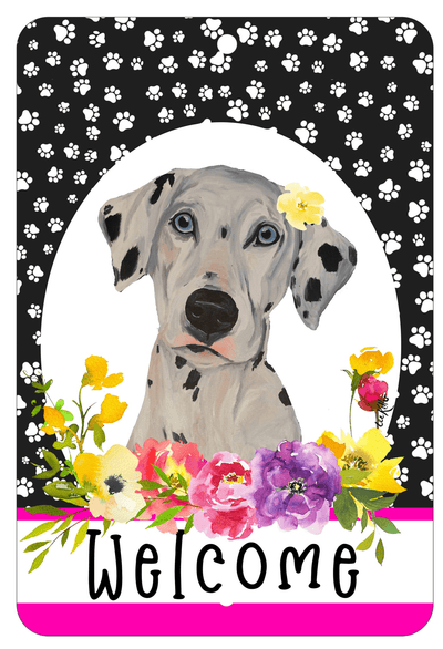 Dalmatian Paw Prints Welcome Aluminum Sign - 8" X 12"