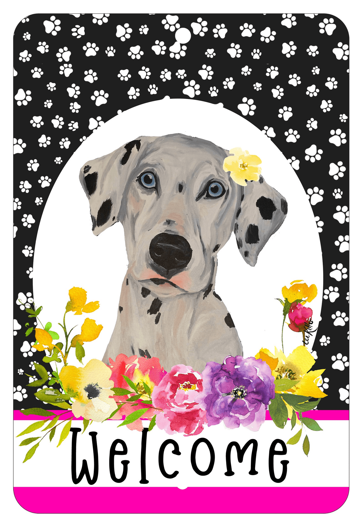 Dalmatian Paw Prints Welcome Aluminum Sign - 8" X 12"
