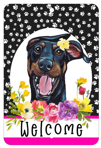 Doberman Uncropped Aluminium Sign - Hhs Paw Prints Welcome
