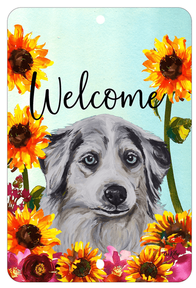 Australian Shepherd Welcome Indoor/Outdoor Aluminum Sign - 8" X 12"