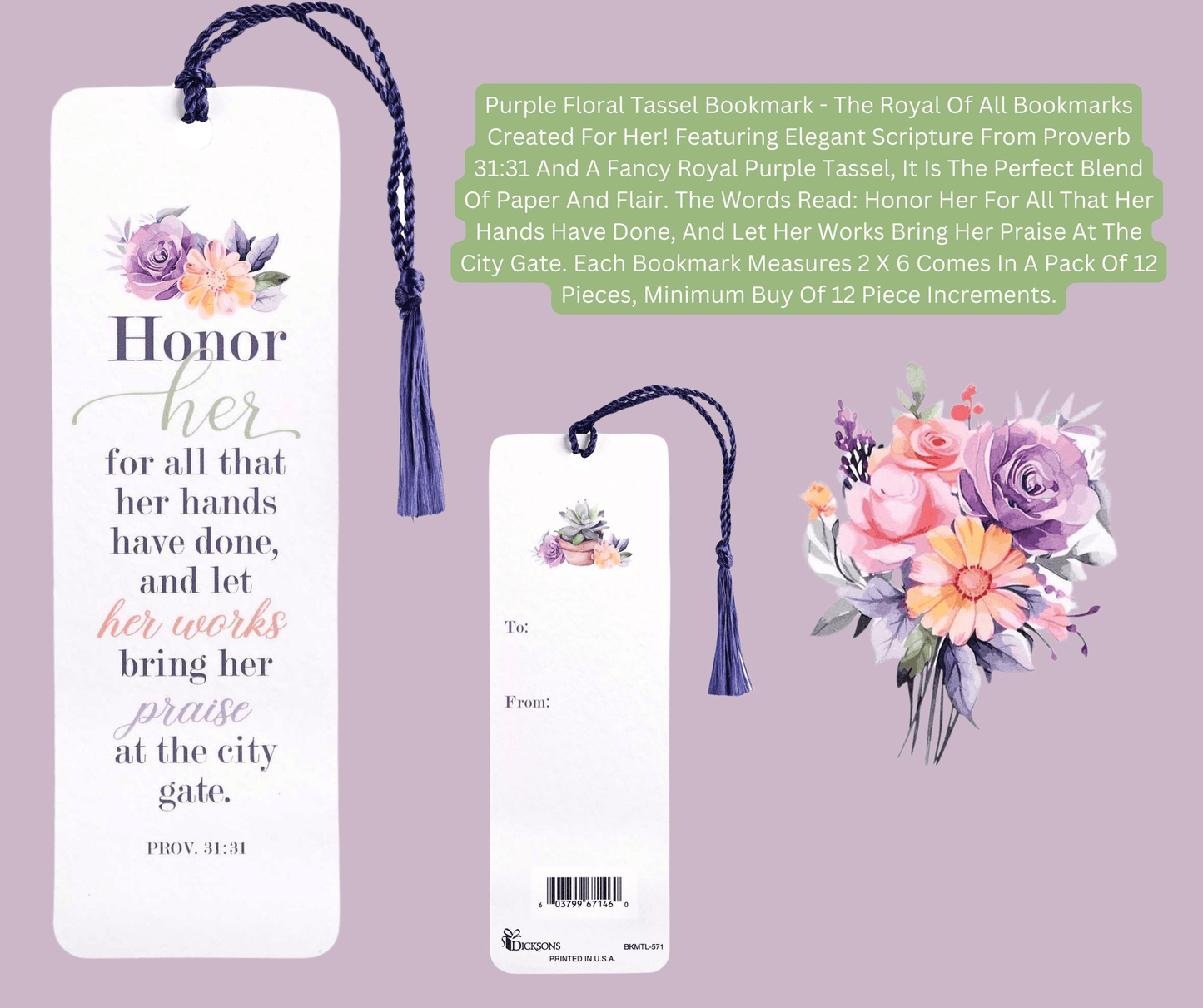 Elegant Purple Floral Tassel Bookmark With Inspiring Proverb