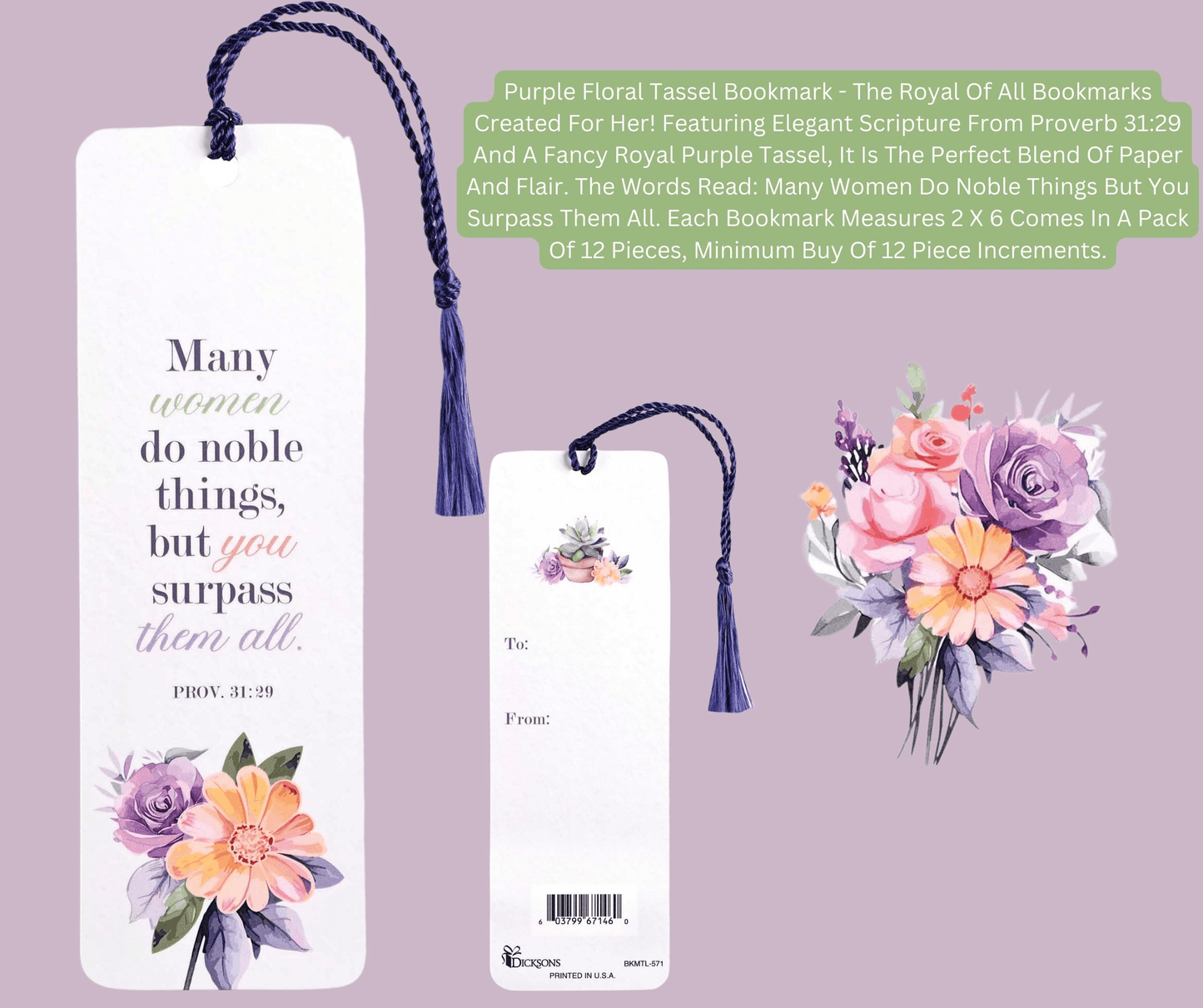 Purple Floral Tassel Bookmark With Scripture - Many Noble Women