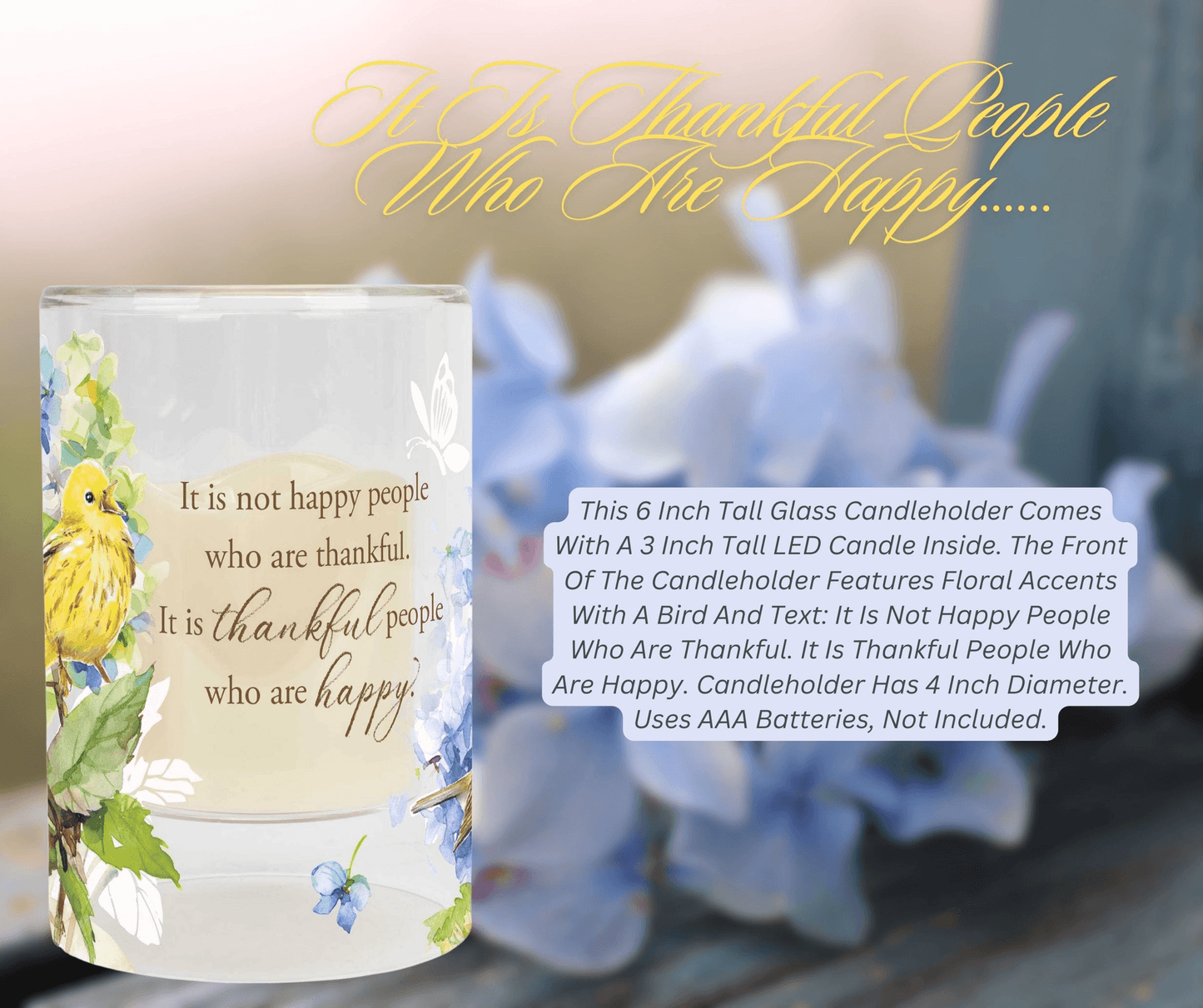 Thankful People Happy 6-Inch Glass Candleholder With Led Candle