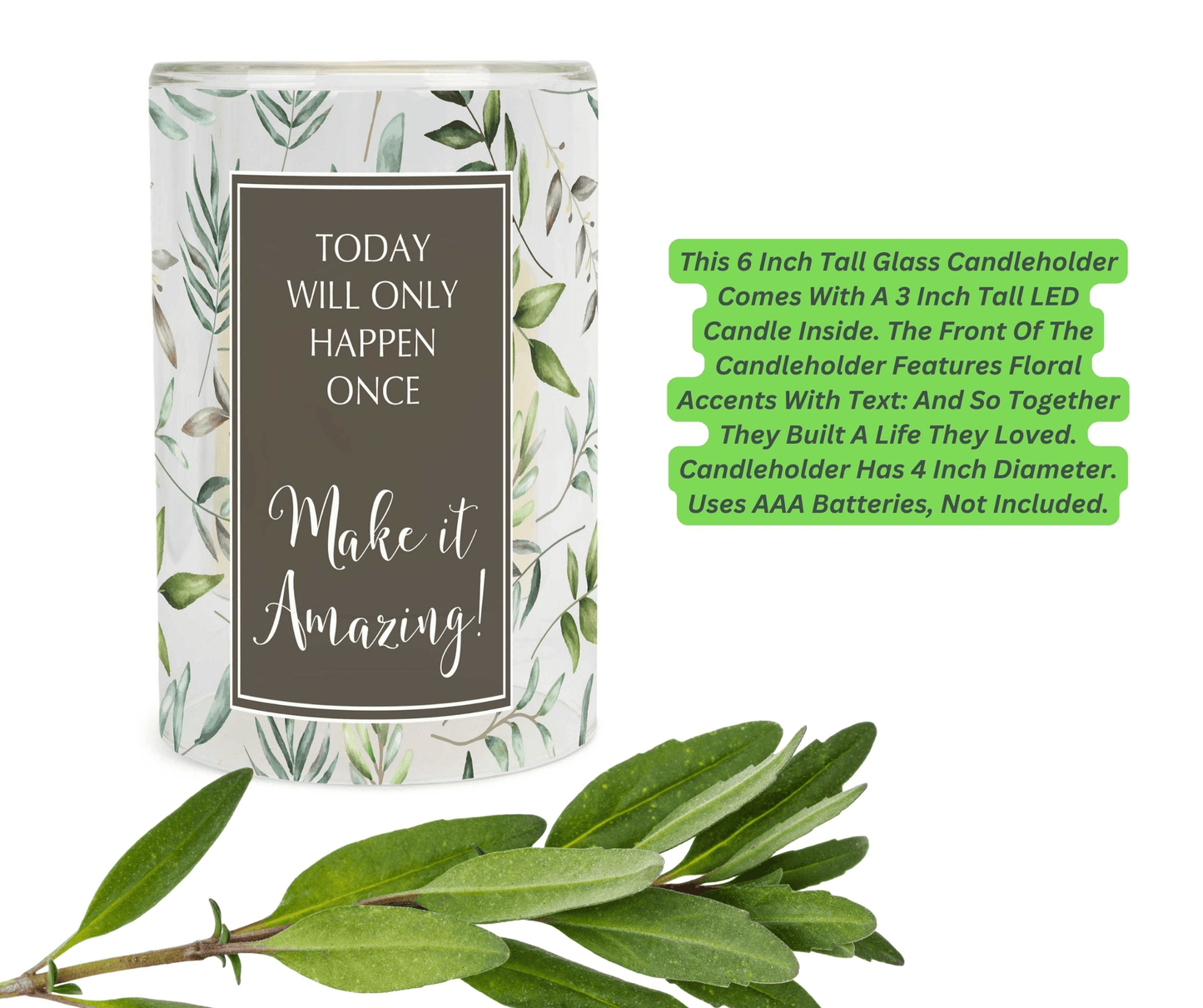 Elegant Glass Candleholder With Inspirational Led Candle - 6 Inch