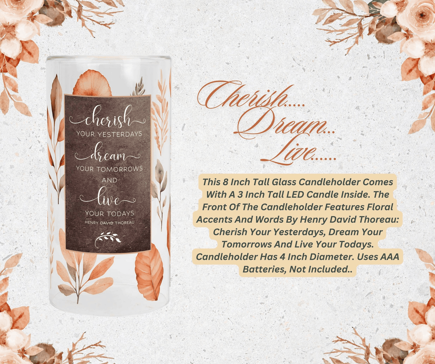 Cherish Your Yesterdays Floral Glass Candleholder With Led Candle