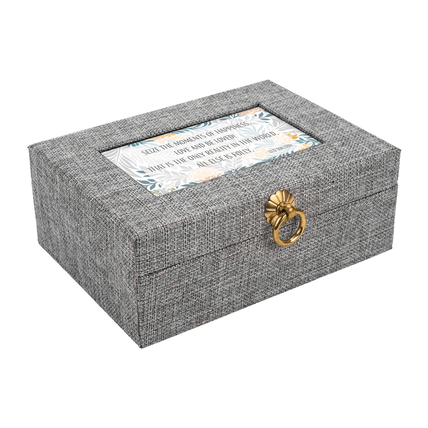 Gray Linen Music Box With Jewelry Insert - Seize The Moments Of Happiness