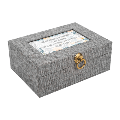 Gray Linen Music Box With Jewelry Insert - Seize The Moments Of Happiness