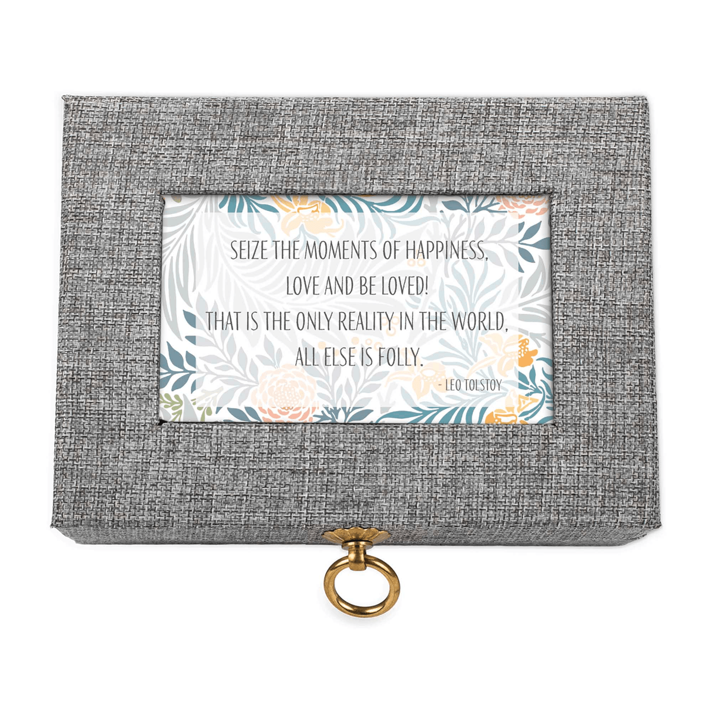 Gray Linen Music Box With Jewelry Insert - Seize The Moments Of Happiness