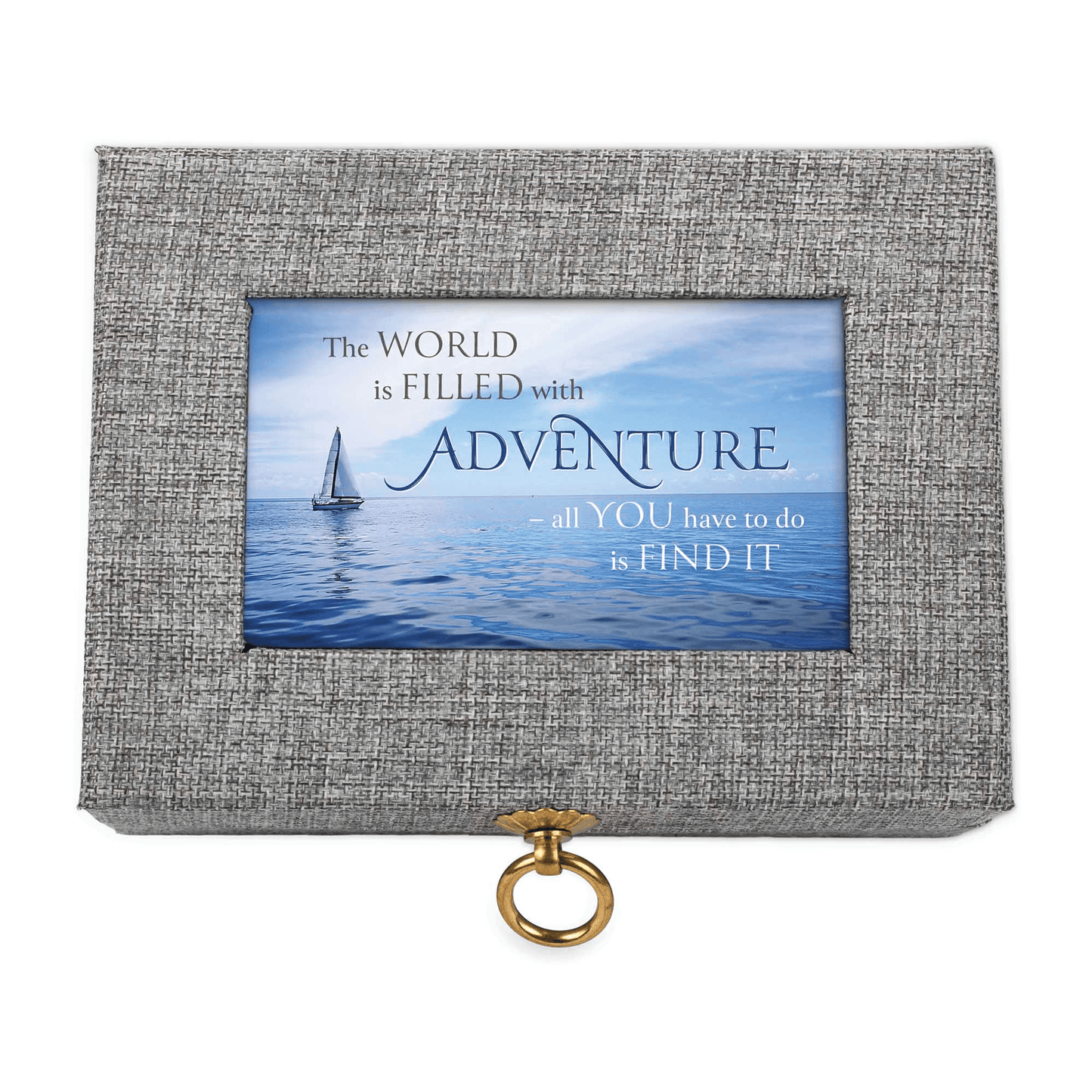 Adventure Awaits Grey Linen Music Box With Jewellery Insert