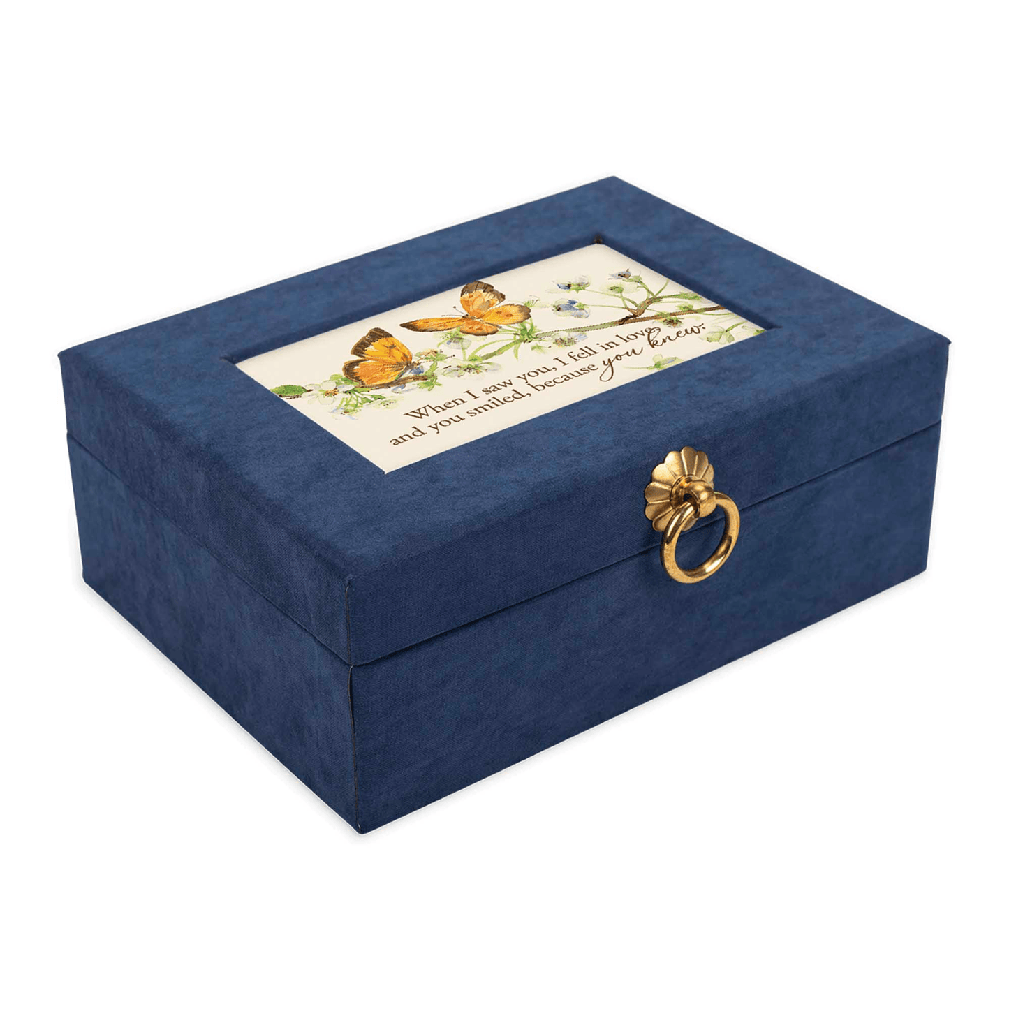 Navy Linen Music Box With Floral Art And Gold Handle
