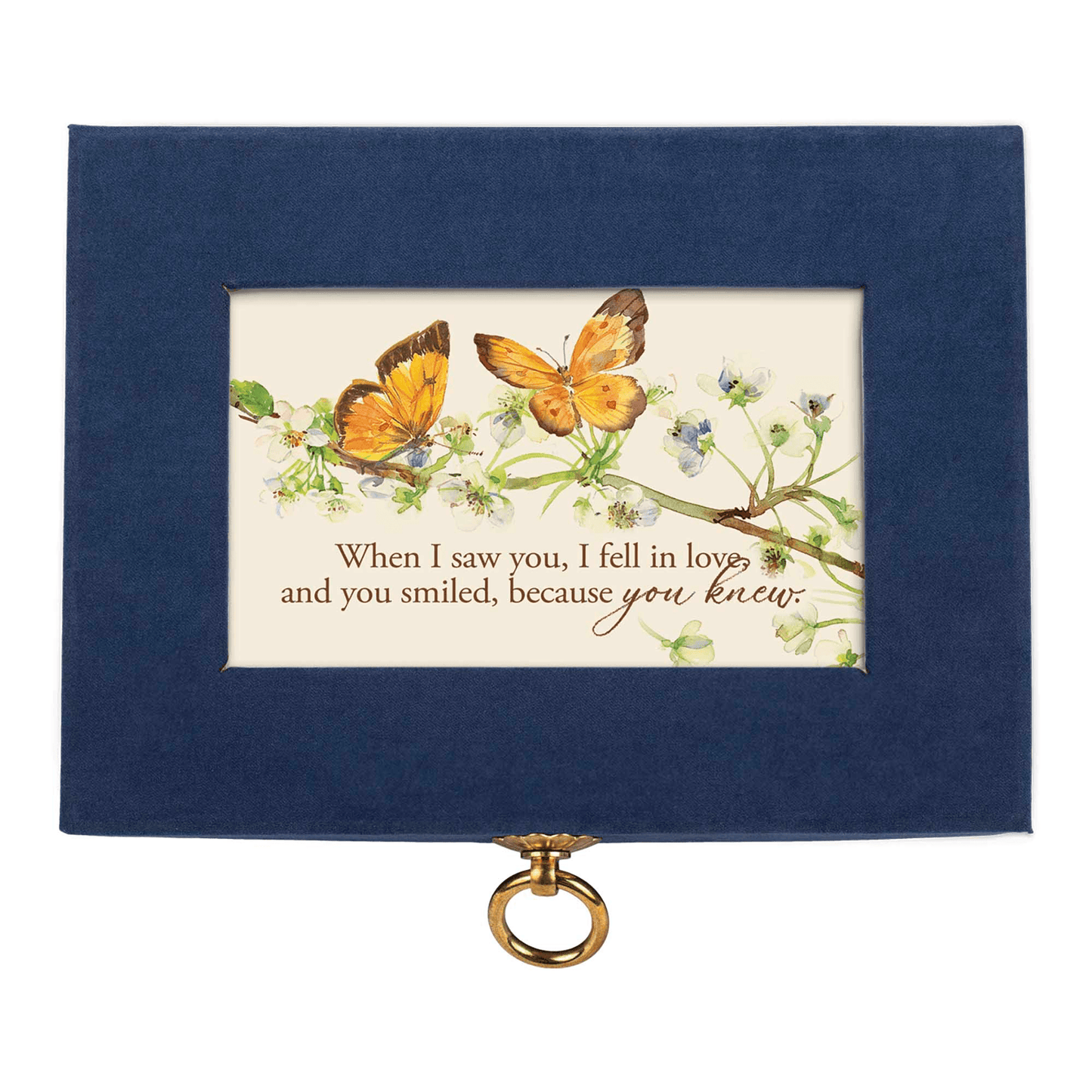 Navy Linen Music Box With Floral Art And Gold Handle