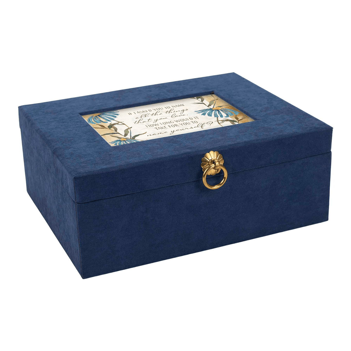 Navy Linen Music Box With Floral Art And Jewelry Insert