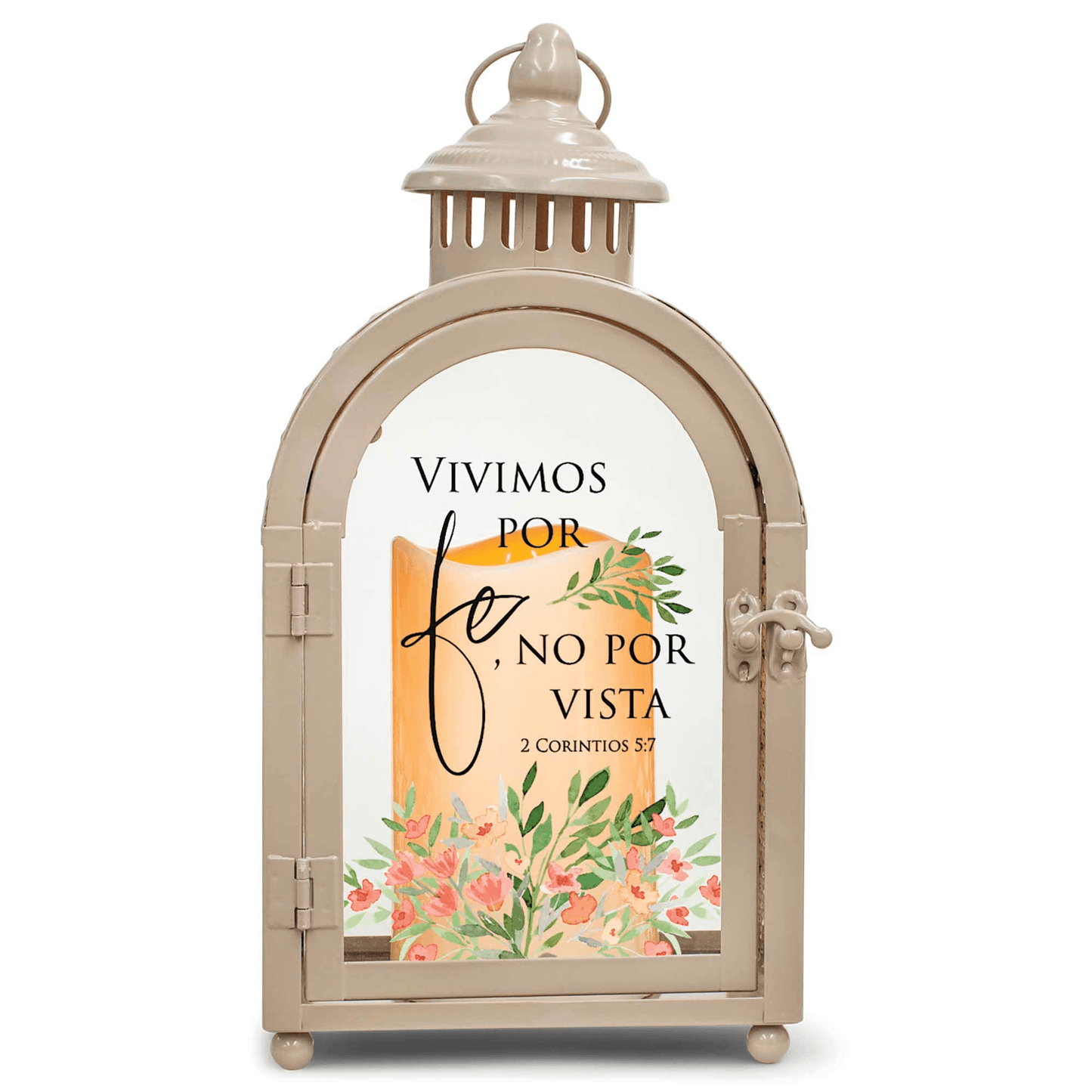 Beige Arch-Shaped Lantern With Scripture And Led Candle