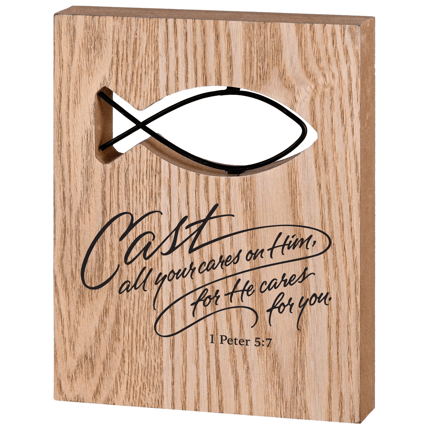 Elegant Tabletop Wire Fish Plaque With 1 Peter 5:7 Scripture
