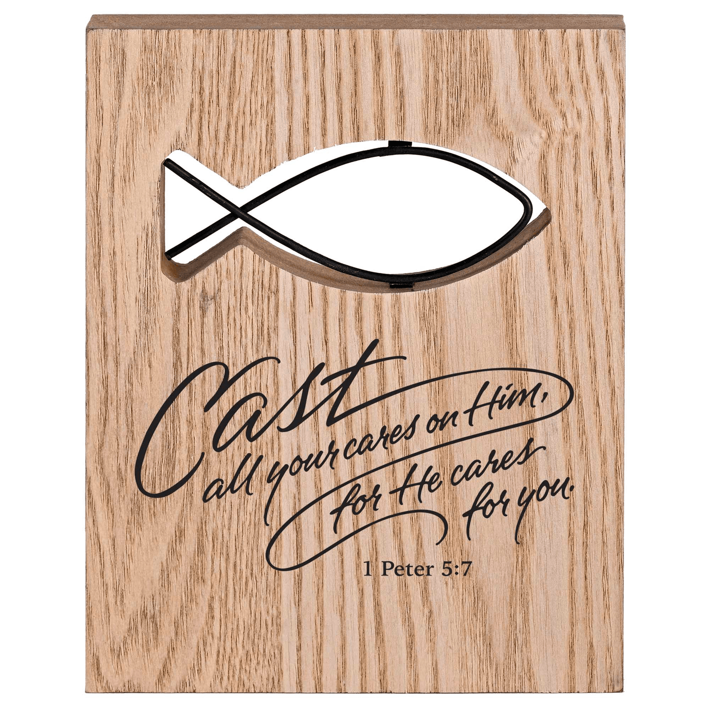 Elegant Tabletop Wire Fish Plaque With 1 Peter 5:7 Scripture