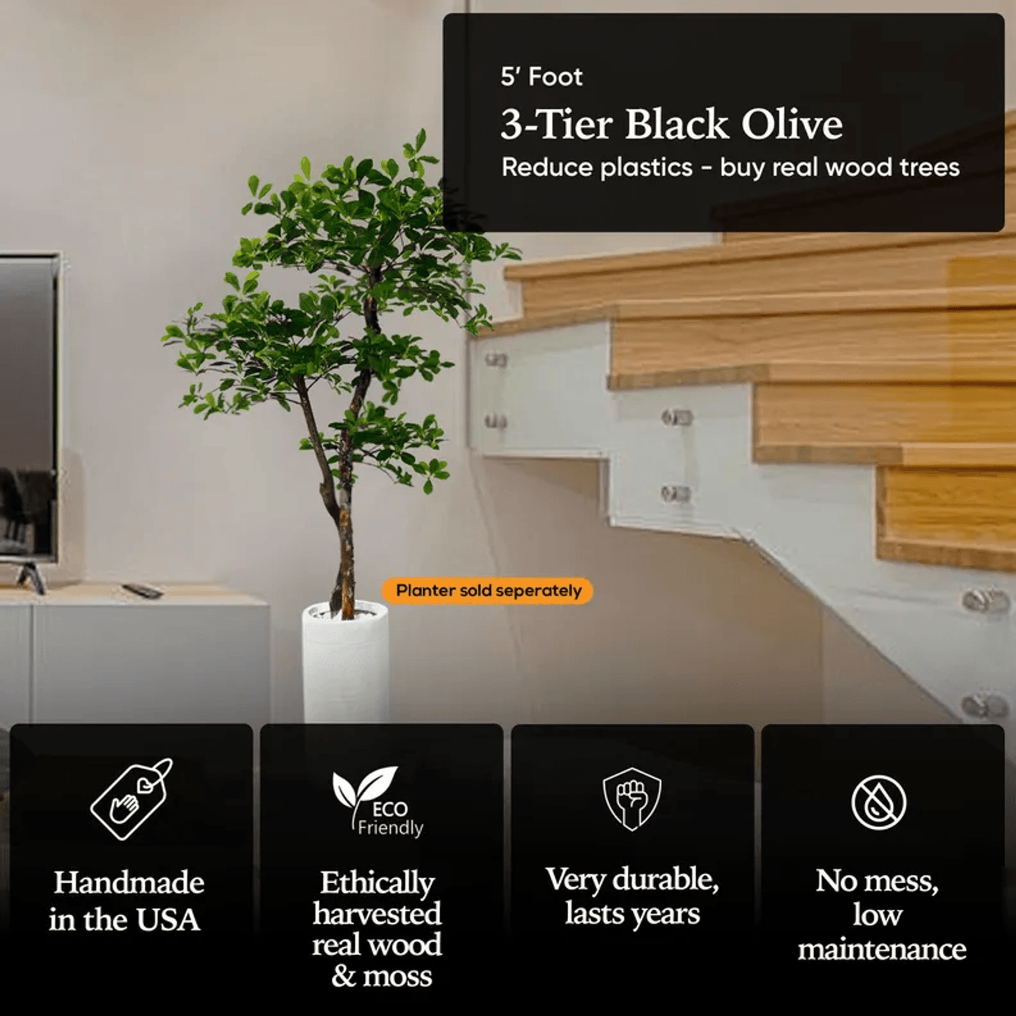 Handcrafted 5' Black Olive Leaf Artificial Tree With Real Wood Trunks