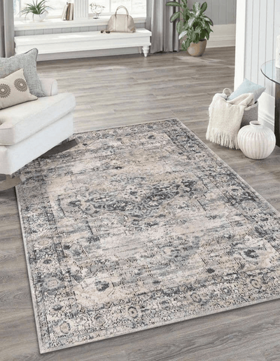 Beige Grey Blue Distressed Vintage Area Rug - 10X13 Feet