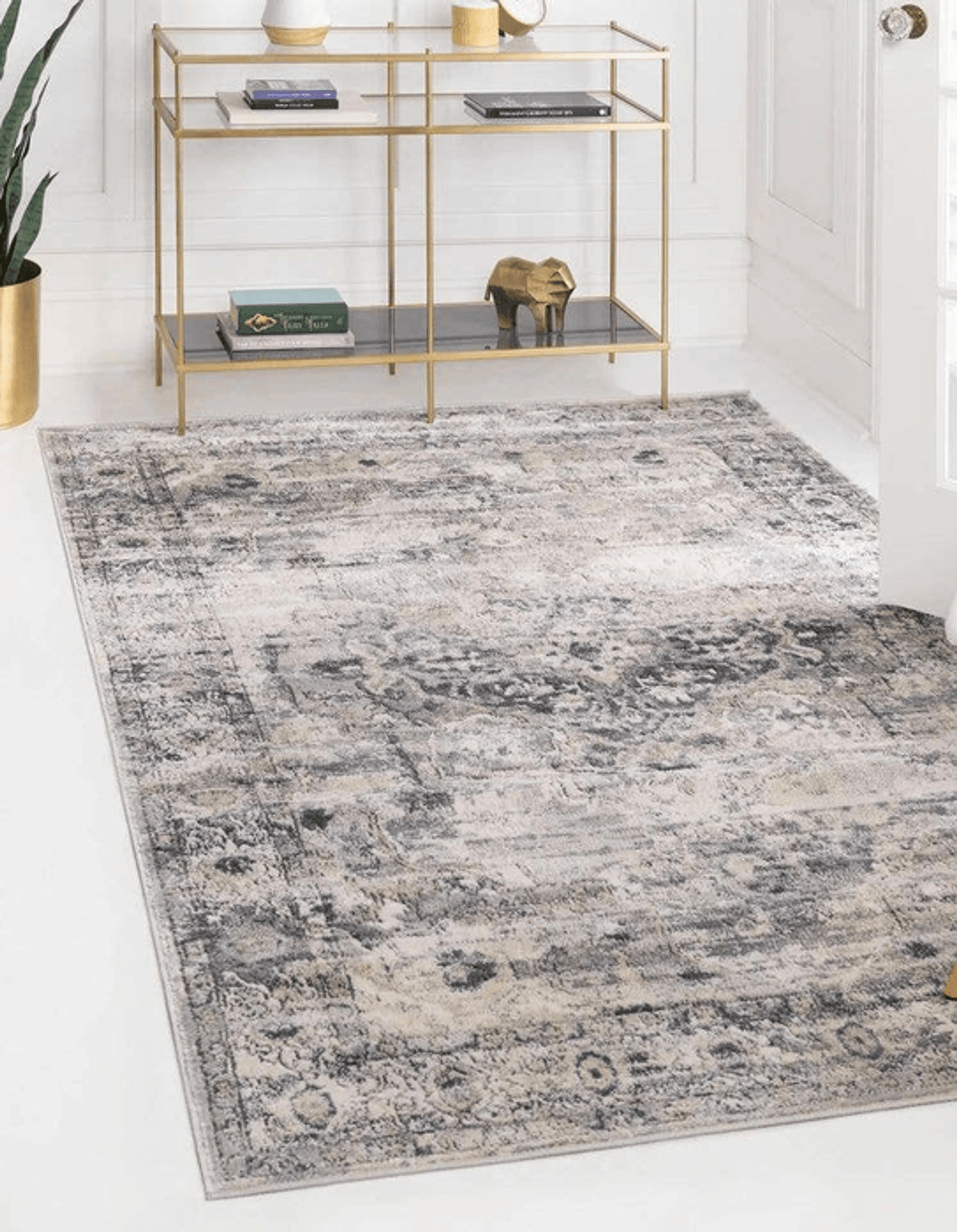 Beige Grey Blue Distressed Vintage Area Rug - 10X13 Feet