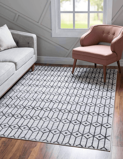 White Grey Geometric Trellis Boho Area Rug - 10X14 Feet