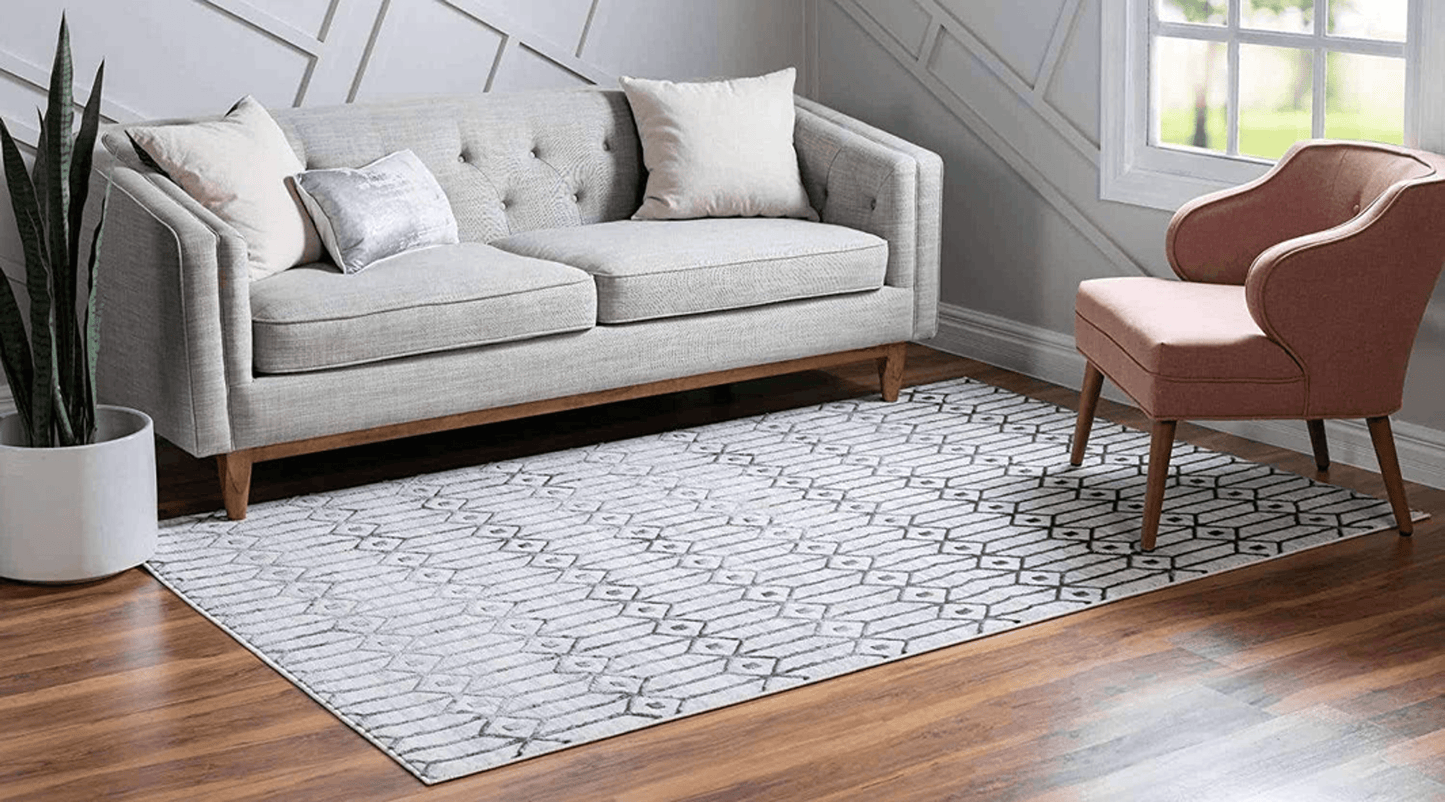 White Grey Geometric Trellis Boho Area Rug - 10X14 Feet