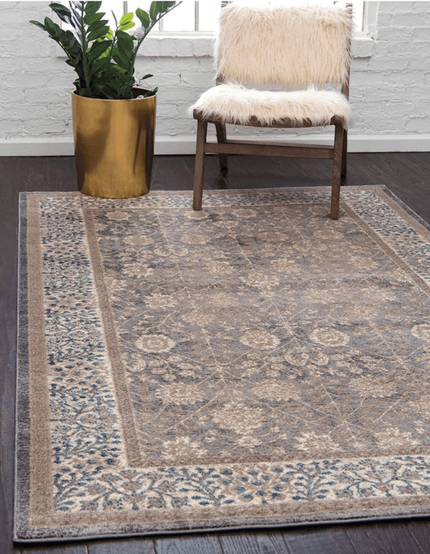 Grey Ivory Blue Floral Traditional Oriental Rug - 5X8 Feet