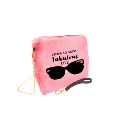 Pink Faux Fur Crossbody Treat Pouch with Gold Chain