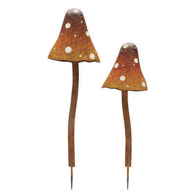 Whimsical Iron Mushroom Stakes Set (26"H & 32"H)