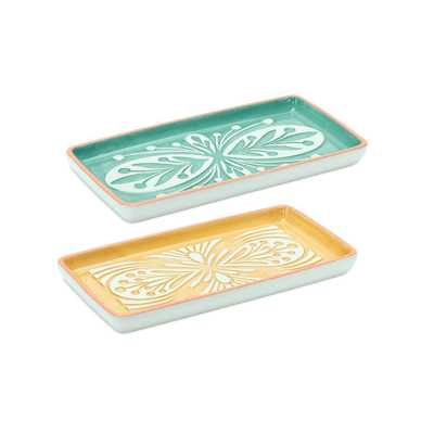 Set Of 6 Decorative Ceramic Trays In Teal And Orange