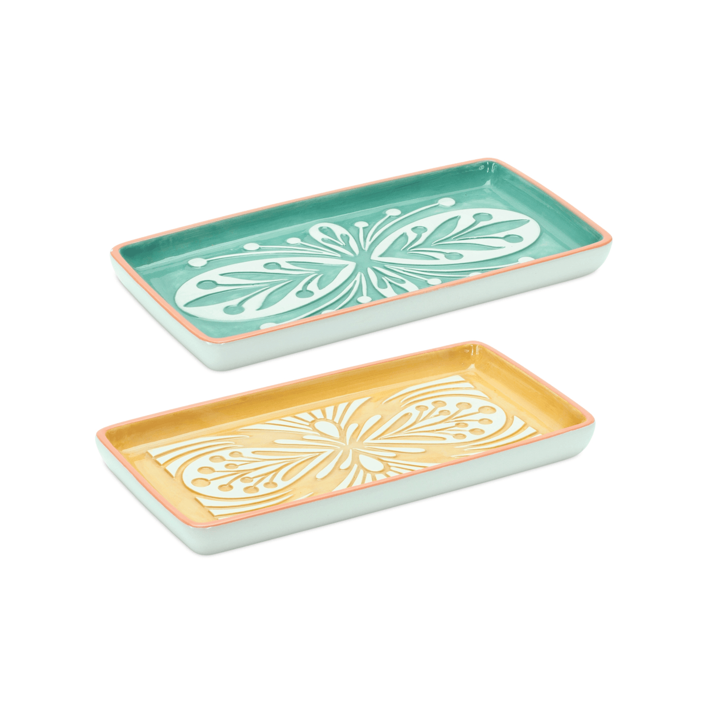 Set Of 6 Decorative Ceramic Trays In Teal And Orange