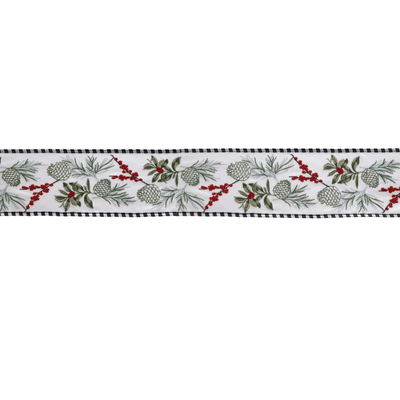 Wired Holiday Ribbon With Pine Berry Design - 4" X 5 Yards