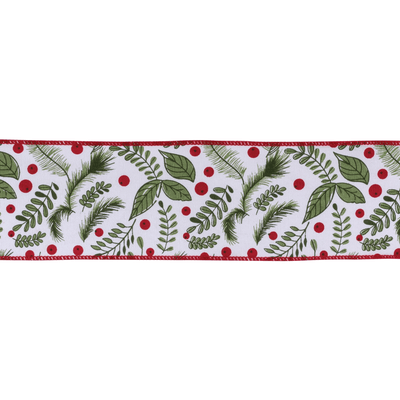 Wired Holiday Ribbon With Holly Berry Design - 4"X10 Yards