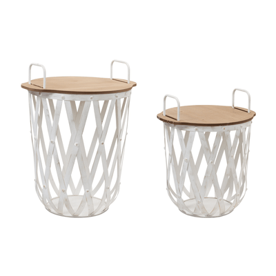 Rustic Metal And Wood Accent Basket Tables Set