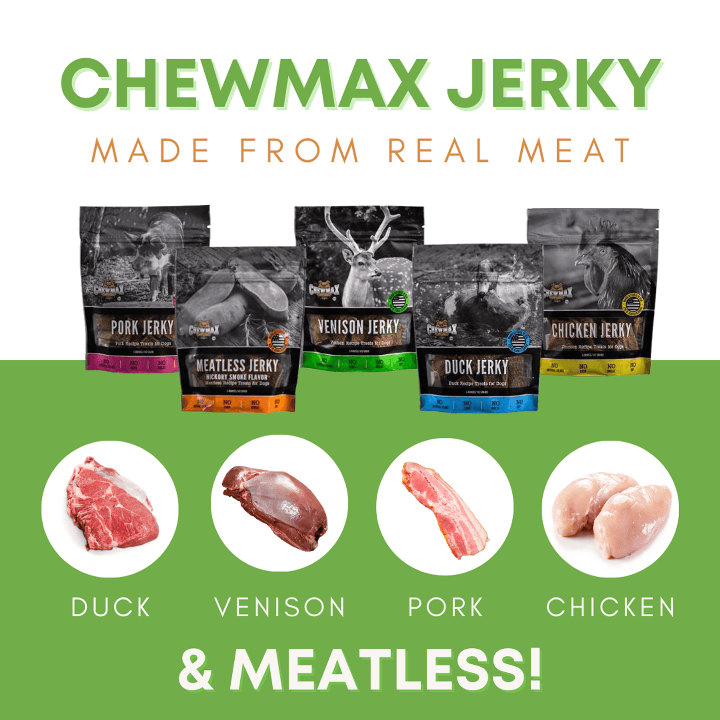 Gourmet Jerky Variety Pack for Dogs - Chicken, Duck, Meatless, Pork & Venison