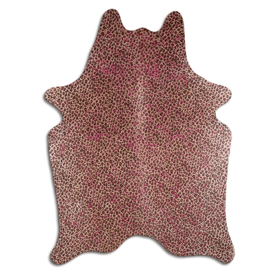 Acid Washed Cowhide Area Rug In Leopard On Beige With Pink Metallic