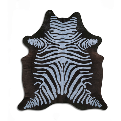 Acid Washed Light Blue On Black Distressed Zebra Cowhide Area Rug