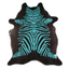 Acid Washed Distressed Zebra Cowhide Area Rug In Turquoise And Black