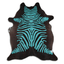 Acid Washed Distressed Zebra Cowhide Area Rug In Turquoise And Black