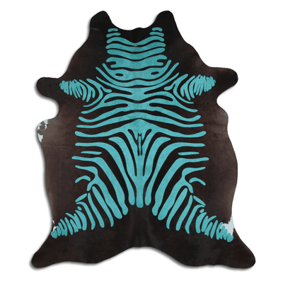 Acid Washed Distressed Zebra Cowhide Area Rug In Turquoise And Black