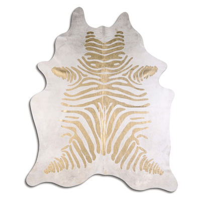 Acid Washed Cowhide Rug In Gold Metallic Zebra On White