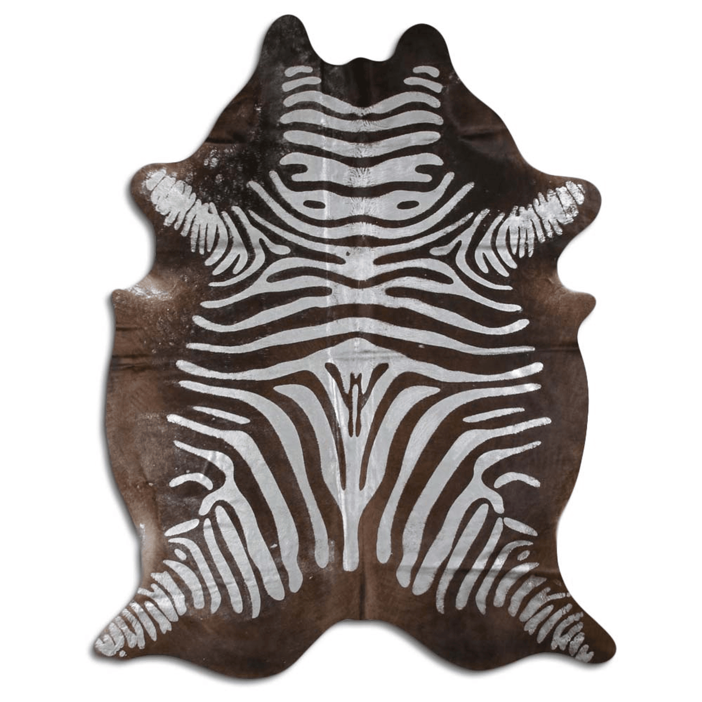 Acid Washed Silver Metallic Zebra Cowhide Area Rug On Brown