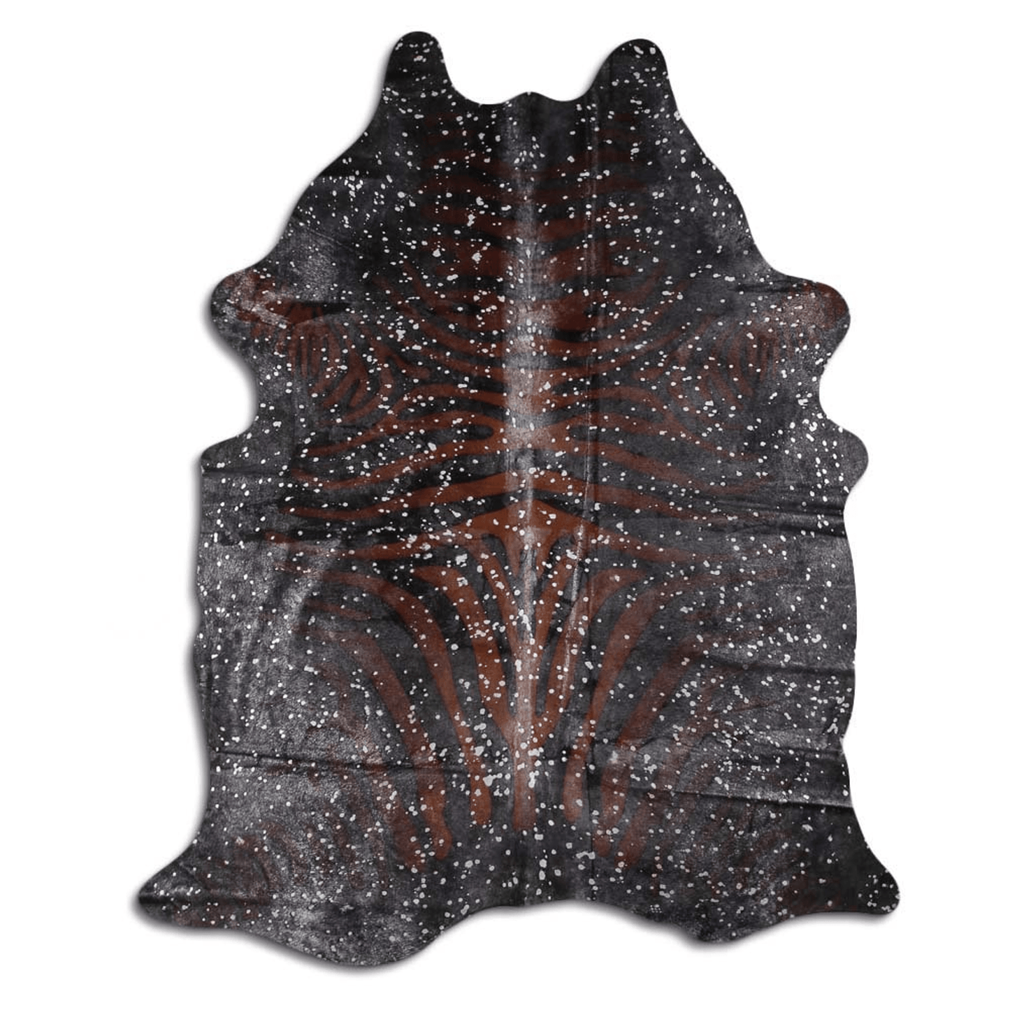 Acid Washed Cowhide Area Rug In Zebra Print With Silver Metallic Accents