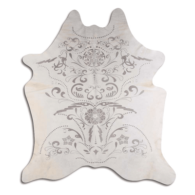 Baroque Grey On White Printed Cowhide Area Rug