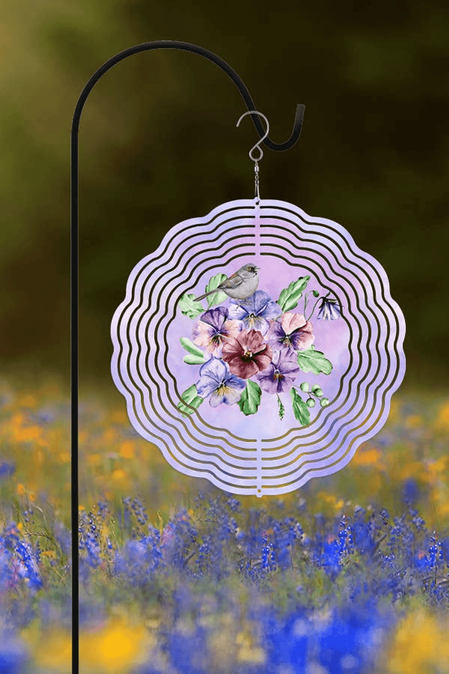 Purple Floral Bird Garden Wind Spinner - 10 Inch Aluminium, Double-Sided