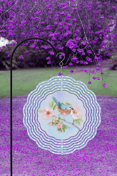 Light Blue Bird And Pink Flowers Double-Sided Wind Spinner