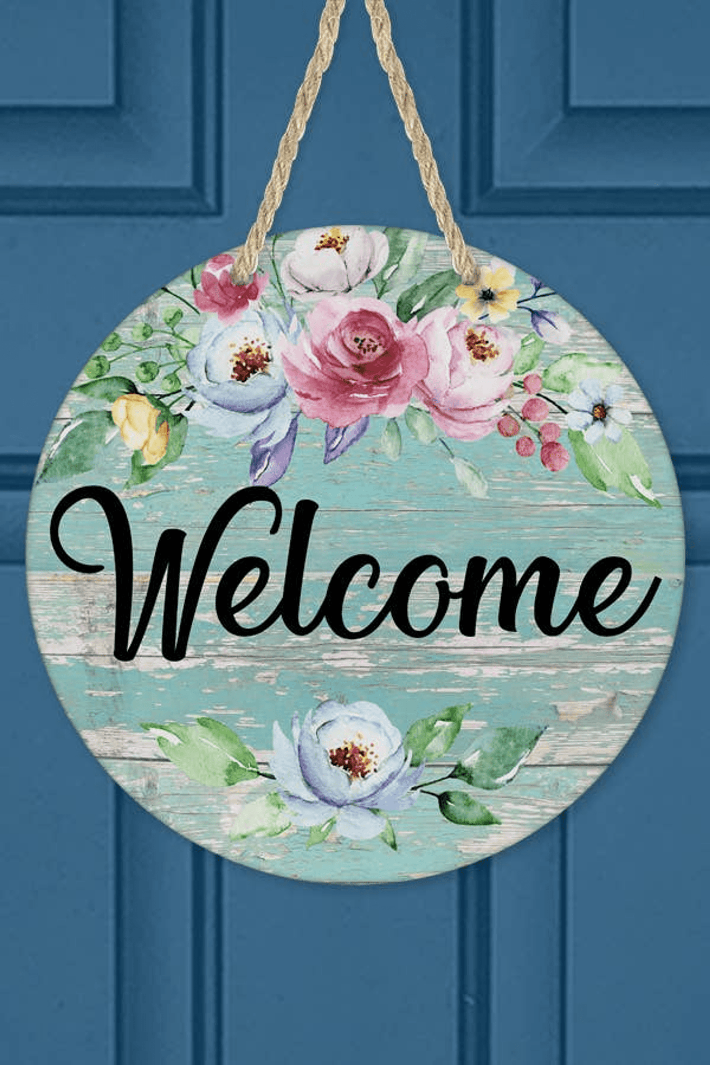 Floral Welcome Door Hanger - Pink And Blue Mdf Wall Sign