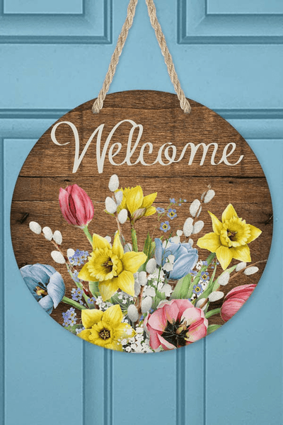 Welcome Floral Mdf Wood Wall Sign And Door Hanger