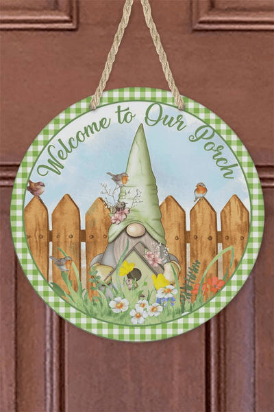 Green Gnome Welcome Door Hanger - Home Decor And Wall Sign