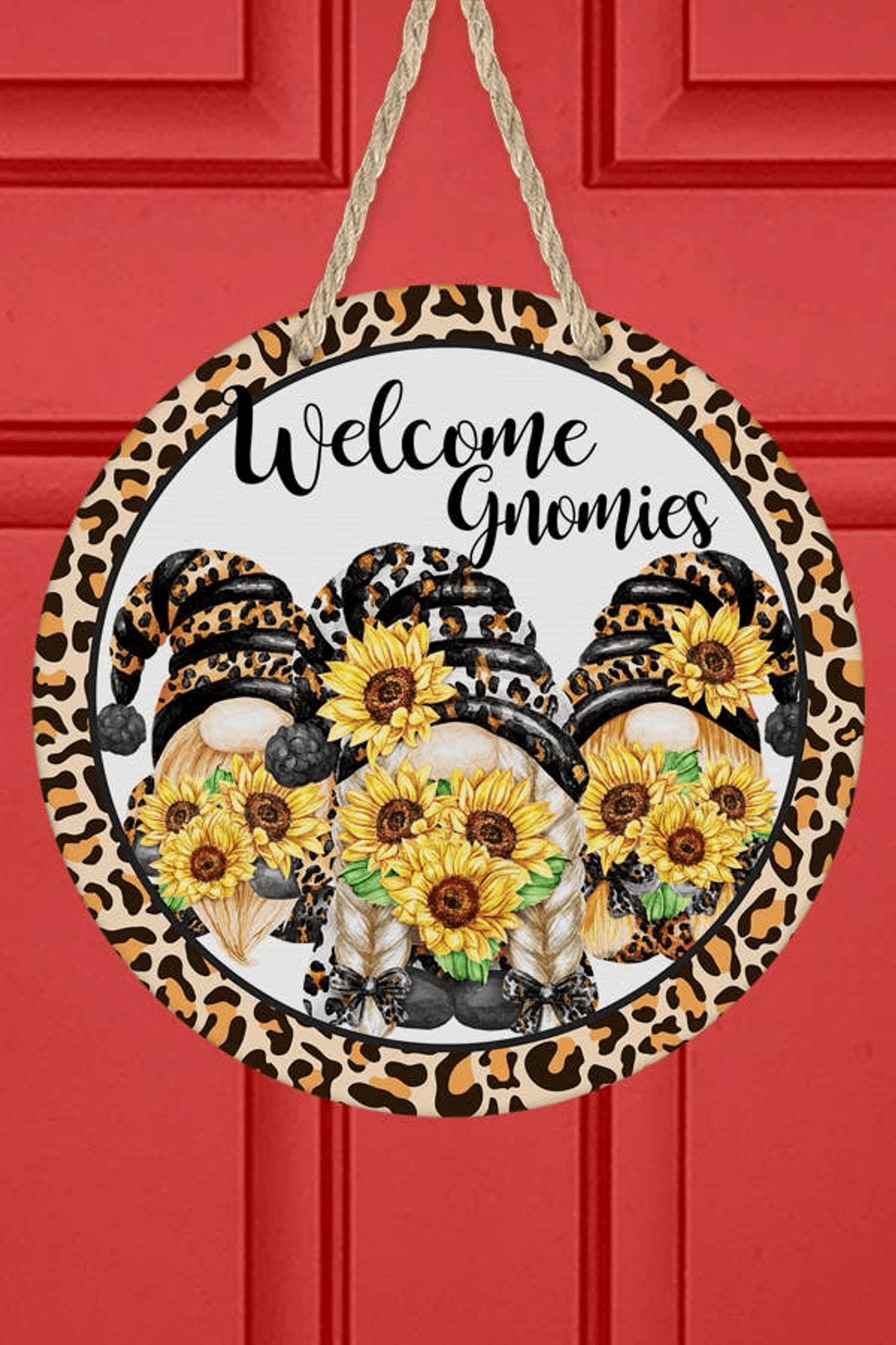 Leopard Sunflower Welcome Gnomies Door Hanger